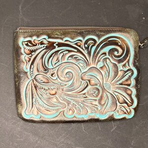 Tooled Floral Leather Zip Pouch in Turquoise Accent wristlet